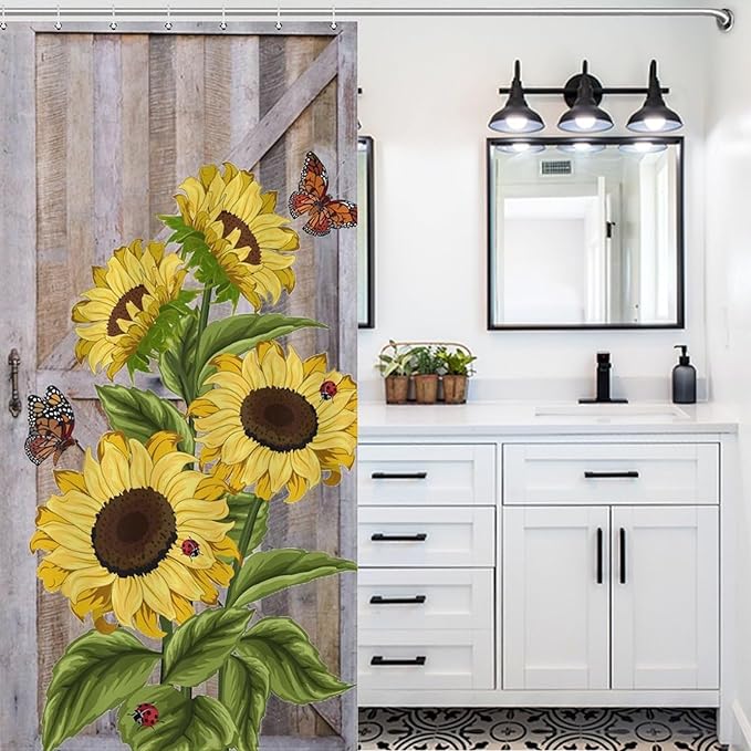 Rustic Sunflowers Butterfly Shower Curtain, Wooden Board Western Barn Door Farmhouse Vintage Daisy Floral Botanical Waterproof Shower Curtains for Bathroom Decor 12 Pack Hooks 72x72in (183x183cm)