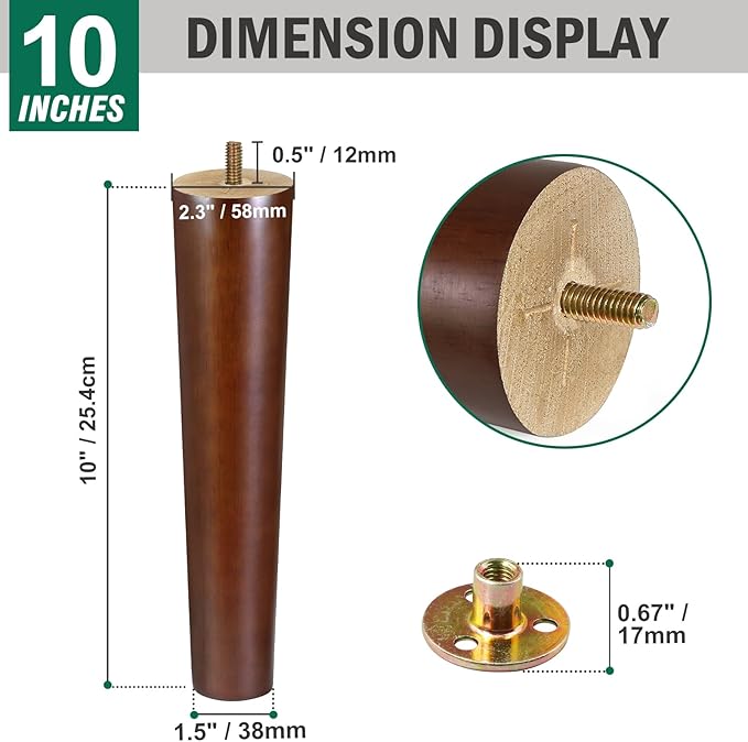 FoDau770 Brown Rubber Wood Furniture Legs 10 Inches, Straight Tapered Wood Feet Mid Century Sofa Legs Set of 4, 5/16" UNC Furniture Feet for Cabinet Couch Dresser Chair Ottoman Table
