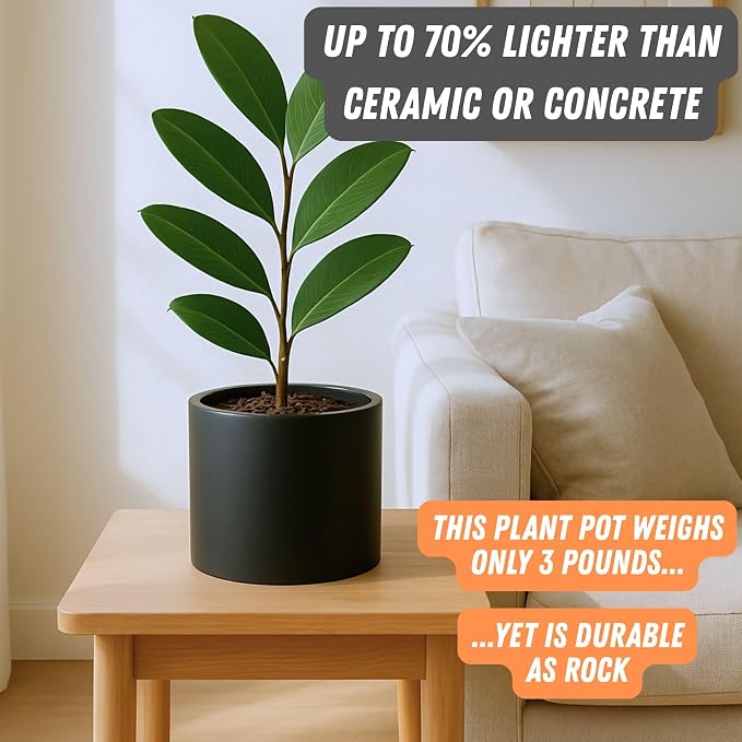 Fox & Fern Large Indoor Planter, Modern Large Plant Pot for Indoor or Outdoor, UV and Frost Resistant - 8 Inch, Fiberstone, Matte Black Flower Pot with Drainage Plug, Lightweight
