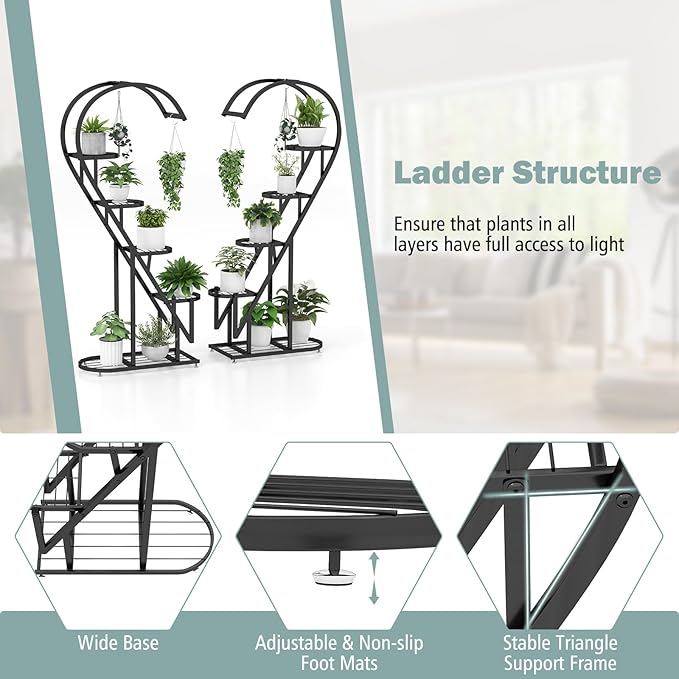 Giantex 5 Tier Metal Plant Stand Indoor, Creative Heart-shaped Ladder Plant Shelf with Hanging Hook for Multiple Plants, Tiered Flower Display Shelf, Tall Plant Stand for Valentine's Day Home Holiday