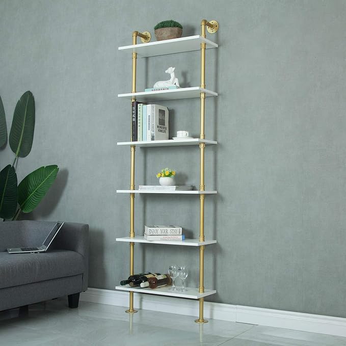 Industrial 6-Tiers Modern Ladder Shelf Bookcase,Wood Storage Shelf,Display Shelving, Wall Mounted Wood Shelves(Gold)
