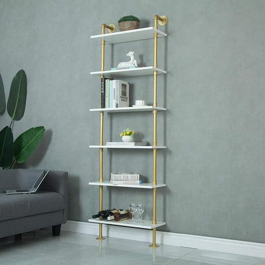 Industrial 6-Tiers Modern Ladder Shelf Bookcase,Wood Storage Shelf,Display Shelving, Wall Mounted Wood Shelves(Gold)