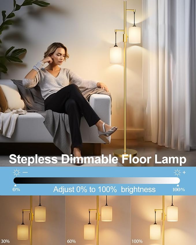 Lightdot 65IN Gold Floor Lamp for Living Room, Industrial 2-Light Tree Floor Lamps with Linen Shade, Modern Standing Tall Lamp with 5Lbs Heavy Base for Bedroom/Sofa Beside/Corner Decor(Bulb Included)