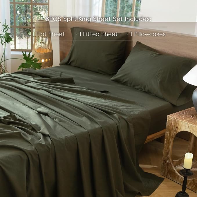 MooMee Bedding Sheet Set 100% Washed Cotton Linen Like Textured Breathable Durable Soft Comfy (Solid Olive Green, Twin)