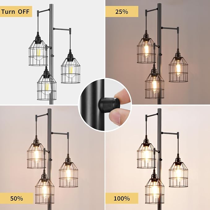 Sucolite 70" Dimmable Floor Lamp for Living Room, Industrial 3-Light Tree Floor Lamp Black with Cages, Farmhouse Rustic Tall Standing Lamp Floor Lighting for Bedroom Office, 3 Free LED Edison Bulbs
