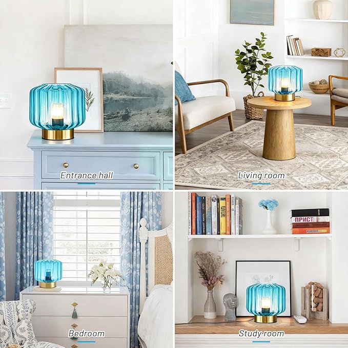 Mid Century Modern Table lamp Small Table Lamps with Touch Metal Base and Blue Glass Shade Vintage Gold Desk lamp nightstand lamp Bedside Table lamp for Bedroom Living Room Office