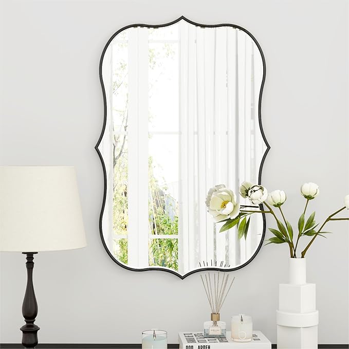 SHYFOY Decorative Wall Mirror Asymmetrical Mirrors for Wall Decor, Black Irregular Mirror for Living Room Decor, Modern Large Mirror Abstract Clound Shape, 24"x35", Scalloped Wood Frame