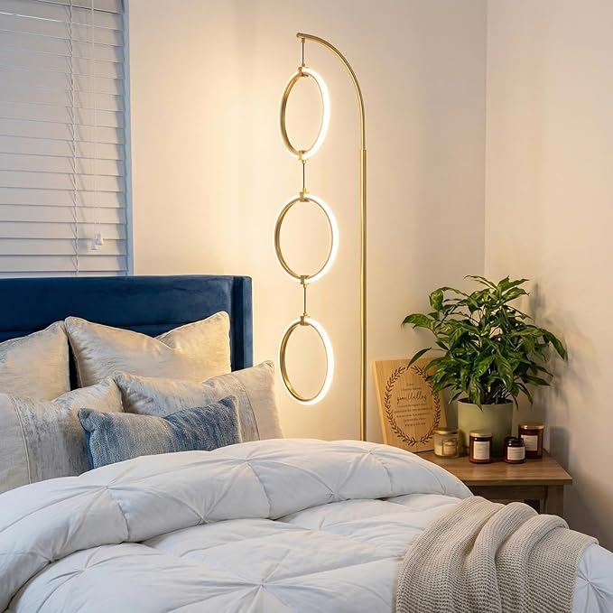 Bairth Gold 3-Light LED Floor Lamp, Modern Arc Floor Lamp for Living Room, Industrial Stepless Dimmable & 3-Way Dimmable Tall Arch Standing Floor Lamp for Reading, Bedroom, Office, Antique Brass
