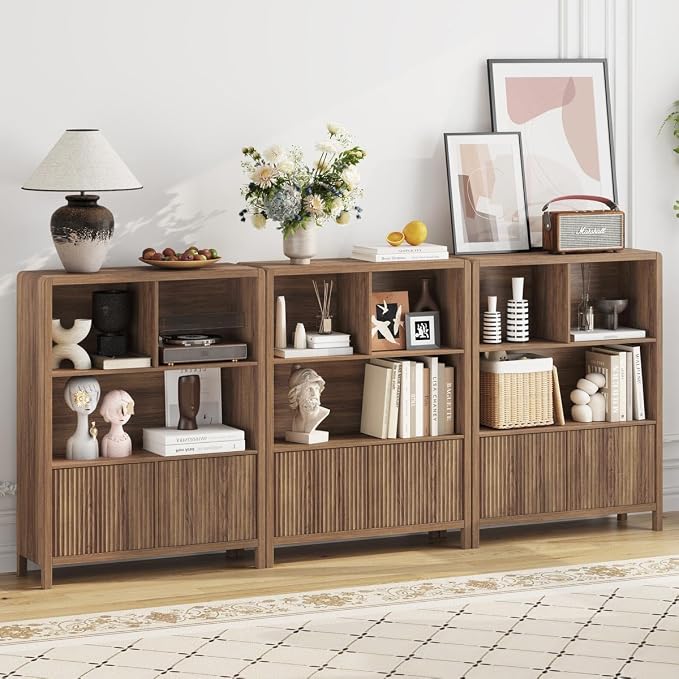 FATORRI Bookshelf with Storage, 5 Cube Bookcase with Doors, Farmhouse Wood Cube Storage Organizer for Home Office, Bedrooom, Living Room (Walnut)
