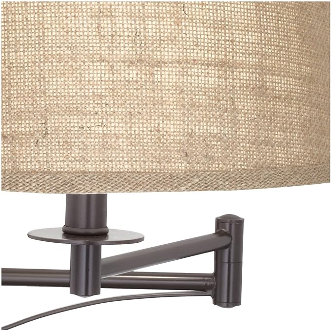 Franklin Iron Works Brinly Farmhouse Rustic Swing Arm Wall Lamps Set of 2 Matte Brown Metal Plug-in 12" Fixture Burlap Hardback Drum Shade for Bedroom Bedside Living Room Hallway Reading