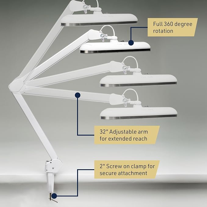 Kings County Tools LED Desk Lamp with Clamp - Architect Desk Light with Adjustable Swing Arm, Dual Light, and 16 Lighting Options - 32” Tall Task Lamp for Office Accessories (White)