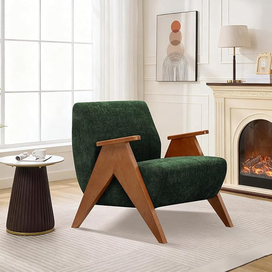 Home Accent Chair Mid Century Modern Accent Chair with Wood Frame, Lounge Upholstered Armchair, Reading Chair, Sturdy Base,For Living Room, Bedroom,Office,Comfy Guest Waiting Room Chairs,Green