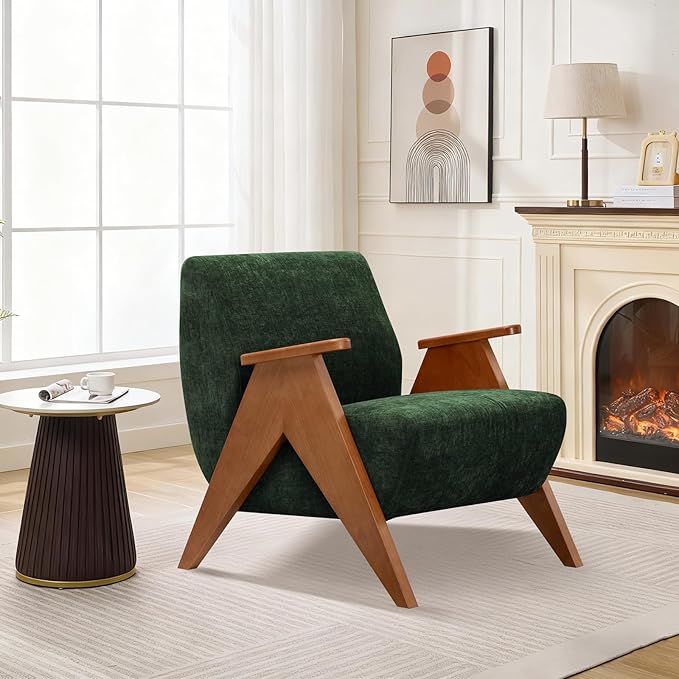 2 Pcs Home Accent Chair Mid Century Modern Accent Chair with Wood Frame, Lounge Upholstered Armchair, Reading Chair, Sturdy Base,For Living Room, Bedroom,Office,Comfy Guest Waiting Room Chairs,Green