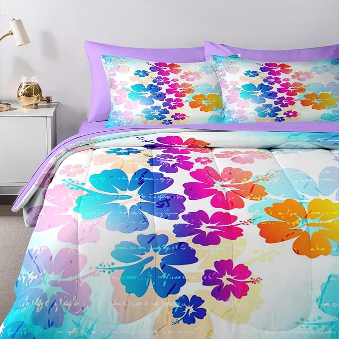 Nesker Comforter Set King Size, Hawaiian Flower Floral 7 Pcs Bedding for Kids and Adults, Hibiscus Hawaii Blue Bed Sheet Sets with Fitted Sheet 2 Pillowcases & 2 Shams