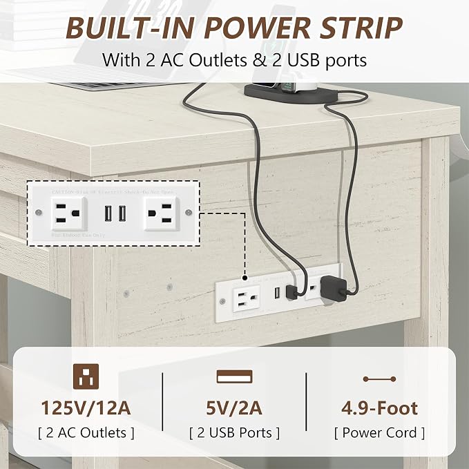 YOMILUVE Farmhouse Computer Desk with 2 Drawers, 39 Inch Small Office Computer Desk with Power Outlets, Compact Writing Study Vanity Desk for Small Spaces, White