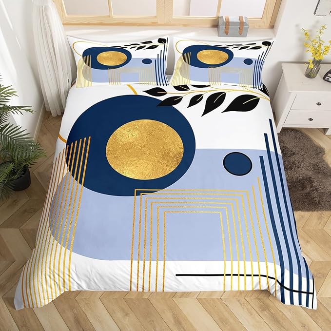 Erosebridal Boho Mid Century Twin Comforter Cover Blue Neutral Modern Duvet Cover Geometric Abstract Bed Set Minimalist Aesthetic Bedding Set