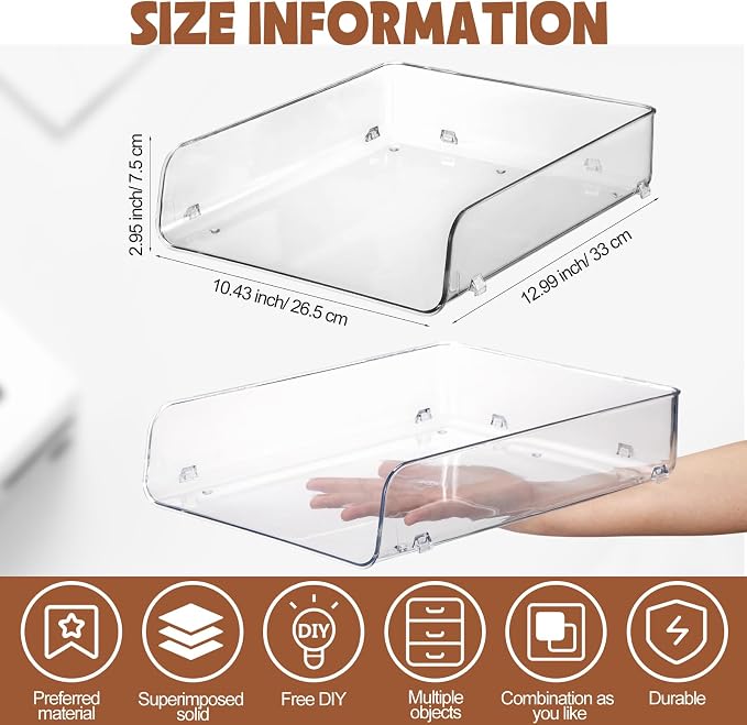 4 Pack Paper Organizer Letter Tray Plastic Stackable Desk File Organizer 12.99 x 10.43 x 2.95 Inch Clear Paper Holder File Tray for Desk Accessories Office Organization and Storage