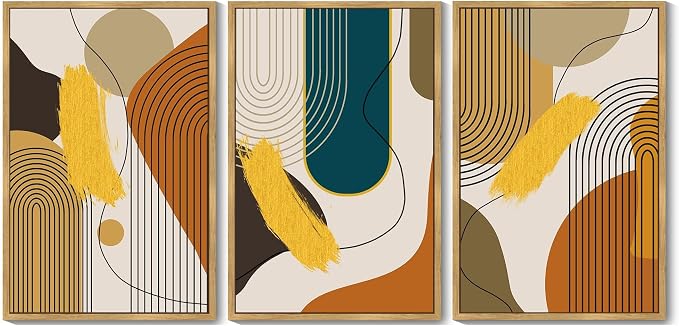PHOPAGO 24x36in Large Boho Abstract Framed Wall Art Modern Minimalist Luxury Gold Line Artwork Kitchen Dining Room Decor Natural Framed