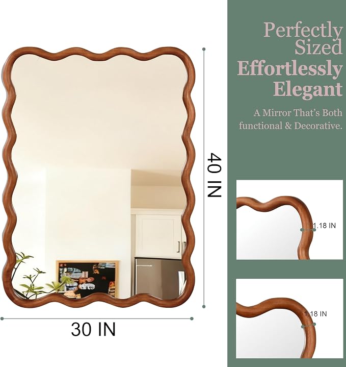 40x30 Inch Wooden Wavy Rectangle Wall Mirror, Modern Solid Wood Frame Decorative Accent Mirror for Bedroom, Bathroom, Living Room, Entryway, Yellowish Brown