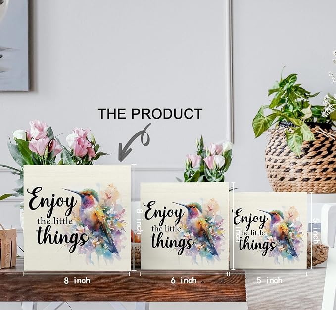 Hummingbird Decor - Hummingbird Gifts For Women, Inspirational Wooden Box Signs, Enjoy The Little Things Motivational Wood Decoration Home Decor For Desk Table Shelf 8x8 Inch Decorative Signs & Plaques