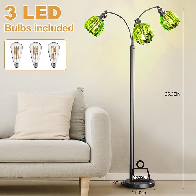 Arc Floor Lamps for Living Room, Dimmable Floor Lamp with Green Flower Glass Shades and 3 Brightness Lights, Adjustable Arm, Modern Tree Tall Standing Lamp Corner Arched Light for Bedroom Decor