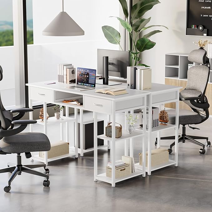DUMOS 48" Small Computer Home Office Desk for Bedroom with Drawers, Gaming Writing Study Table with Storage Shelf, Adjustable Feet, Compact Desk for Gaming and Home Office Use, Metal Frame White