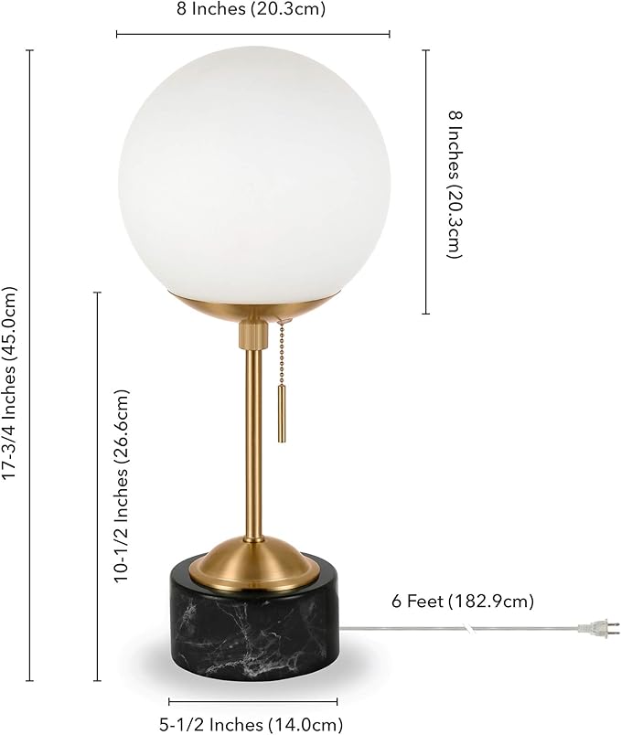 Reagan 17.75" Tall Table Lamp with Glass Shade in Brass/ Black Marble/White Milk