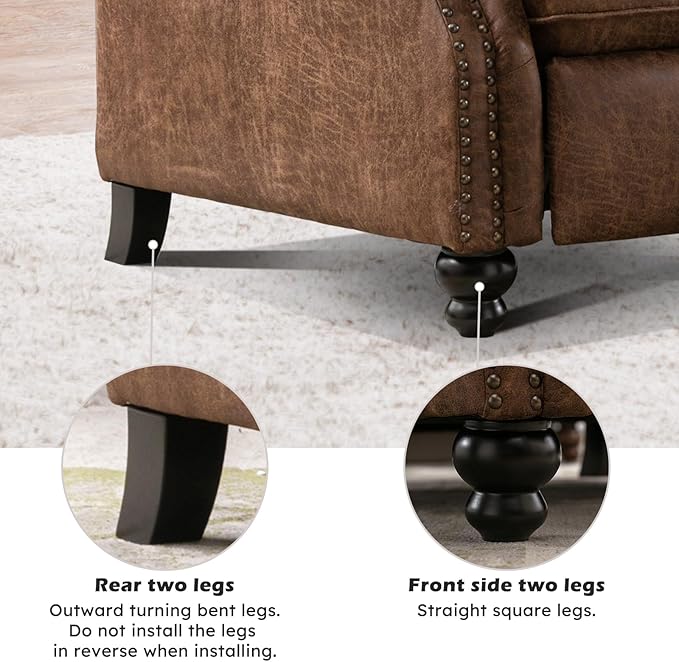 Push Back Recliner Chair Faux Leather Lounge Armchair with Rivet Decoration Wingback Single Sofa Chair with Padded Seat Solid Wood Legs for Living Room, Comfy Upholstered Set of 2, Chocolate
