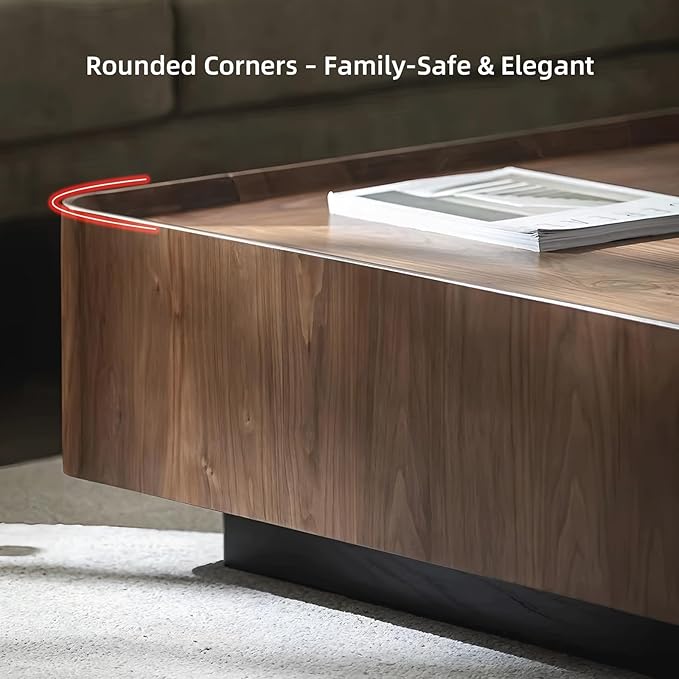 Luxury Wood Coffee Table with Hidden Drawer, Easy Installation Square Center Table for Living Room, Raised Edge Design, Premium Walnut Finish (35.43" Square Coffee Table)