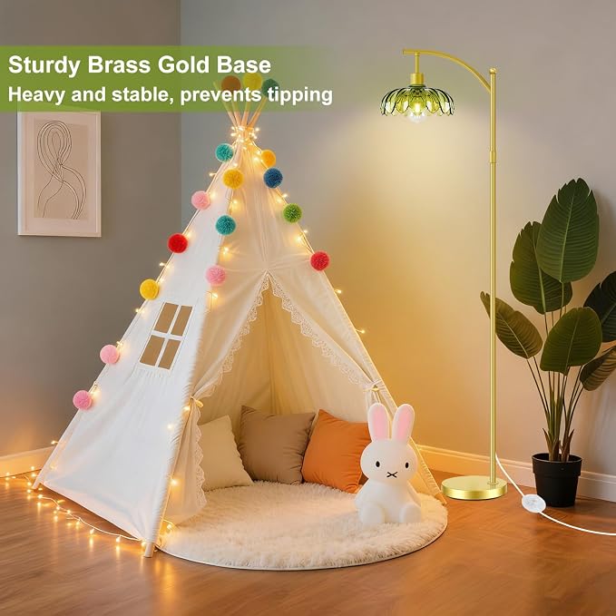 Gold Floor Lamp with Remote Control, Dimmable LED Floor Lamp with 3 Color Temperatures, Adjustable Height Vintage Standing Lamps for Living Room BedroomOffice, Green Glass Tall Lamps Gift Use