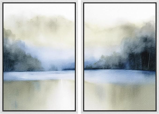 IDEA4WALL Framed Canvas Print Wall Art Set Serene Blue Lake Watercolor Landscape Illustrations Modern Art Decorative Coastal Cottage Seascape for Bedroom - 16"x24"x2 White