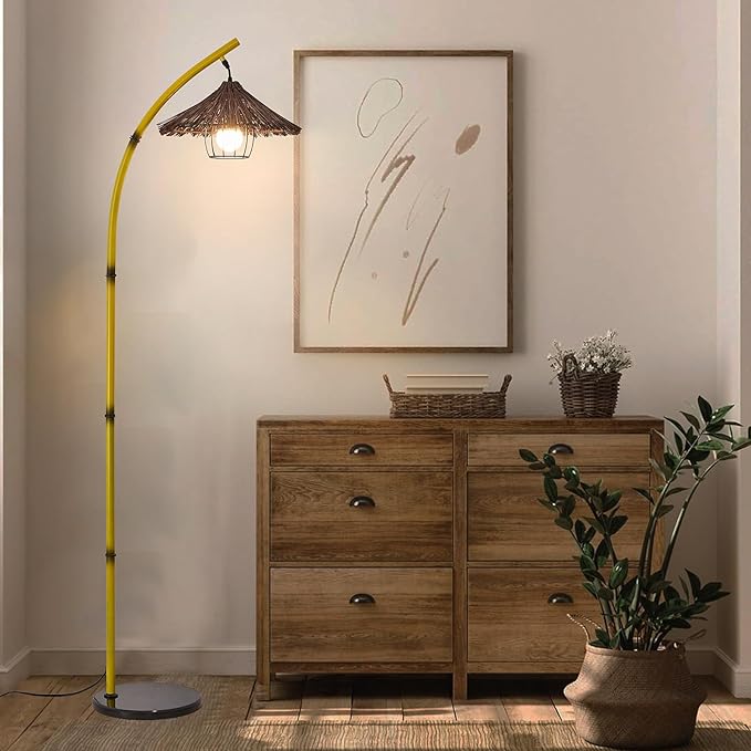 beaysyty Bamboo Floor lamp Mid Century Rattan Retro Floor lamp Bohemian,Arc Floor Lamps for Living Room Tall Reading Lamps Antique Rattan Style for Bedroom Dining Room Farmhouse Study (Yellow)