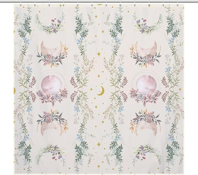 Moon Phase Flowers Shower Curtain Moonlit Herb Wildflower Witchy Celestial Flower Botanical Waterproof Shower Curtains for Bathroom Decor 12 Pack Hooks 72x72in (183x183cm)