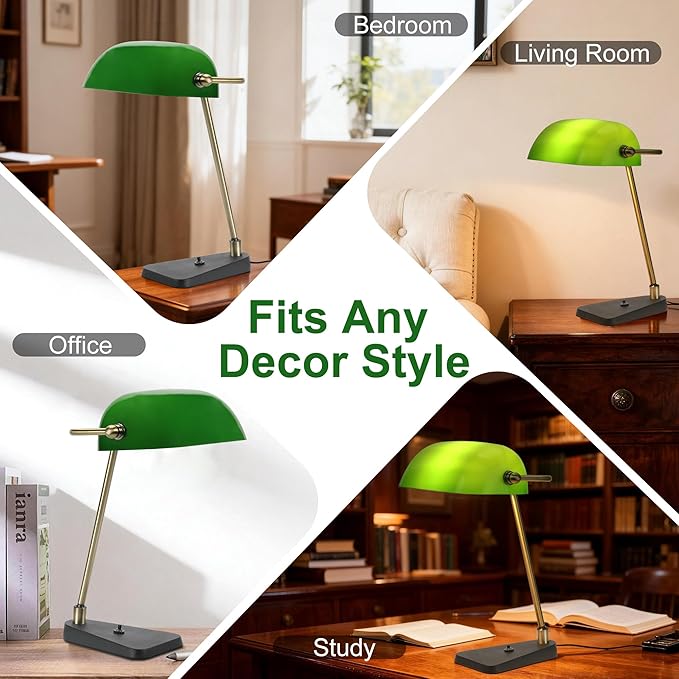 Green Bankers Desk Lamp, Antique Brass Frame & Black Base | 2.9lb Heavy Duty Cast Iron Base, 30° Swivel Head, Push Button Switch, Classic Decor for Home & Office