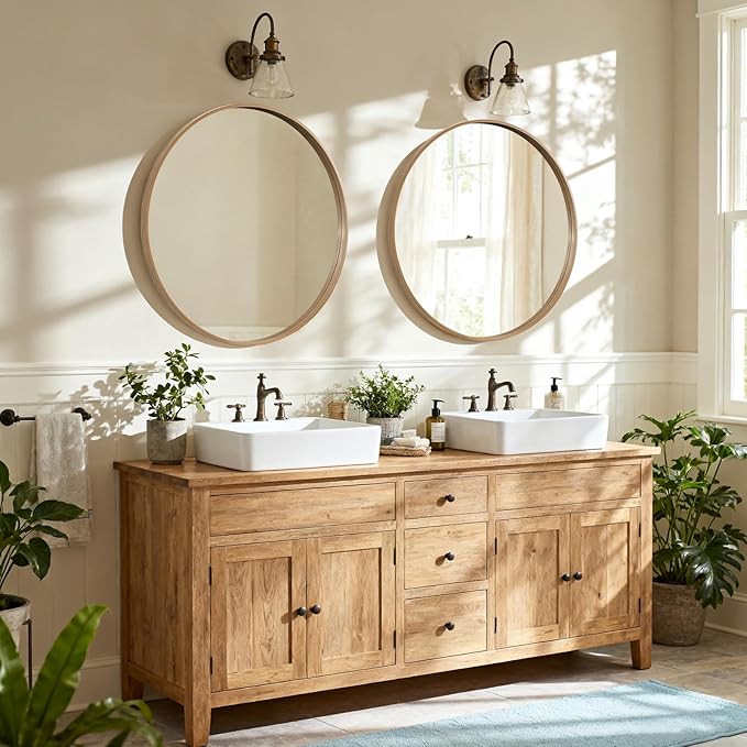 HOMECOOKIN Round Wood Mirror 32 inch Circle Wall Mirror for Bathroom, Vanity, Entryway, Living Room Decor, Natural Rustic Mirror