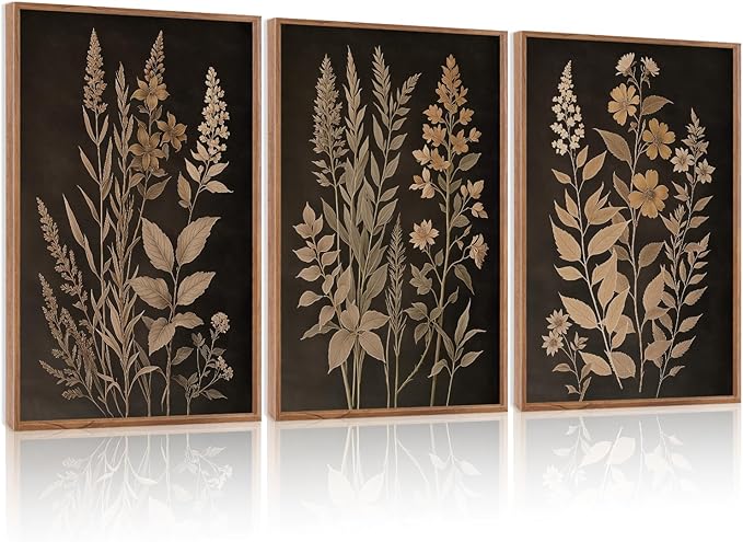 HLNIUC Vintage Botanical Fern Framed Canvas Wall Art Set,Black and Tan Plant Leaves Wall Decor,Modern Farmhouse Art Print,Neutral Minimalist Herb Floral Wall Painting for Living Room,Office - 24”x36”3