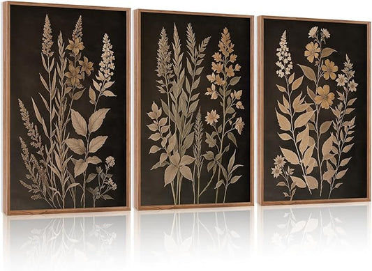 HLNIUC Vintage Botanical Fern Framed Canvas Wall Art Set,Black and Tan Plant Leaves Wall Decor,Modern Farmhouse Art Print,Neutral Minimalist Herb Floral Wall Painting for Living Room,Office - 24”x36”3