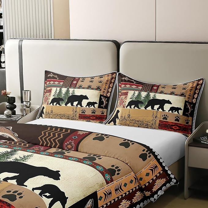 100% Cotton Rustic Bear Duvet Cover Twin, Southwestern Native American Bedding Set, Wild Animal Bear Claw Comforter Cover, Brown Black Bears Silhouette Woodland Farmhouse Camper Quilt Cover