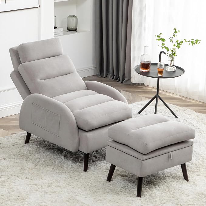 HCHAIRH Accent Chair with Ottoman, Comfy Reading Chair with Ottoman Set, Modern Oversized Velvet Lounge Armchair with Adjustable Backrest for Living Room Bedroom (Grey)