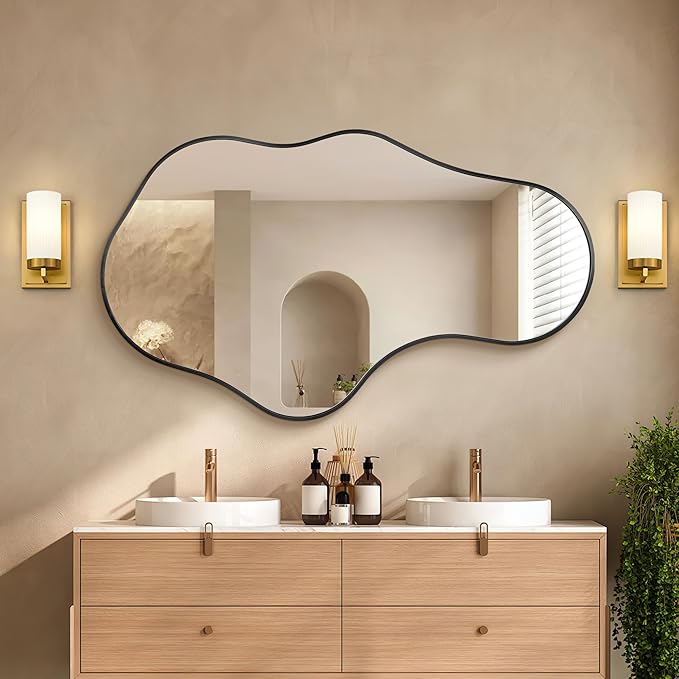 Irregular Wall Mirror, 24"x40" Black Abstract Asymmetrical Mirrors for Wall, Decorative Cloud Aesthetic Mirror for Bathroom, Bedroom, Cloakroom, Entryway, Shatter-Proof Aluminum Alloy Frame