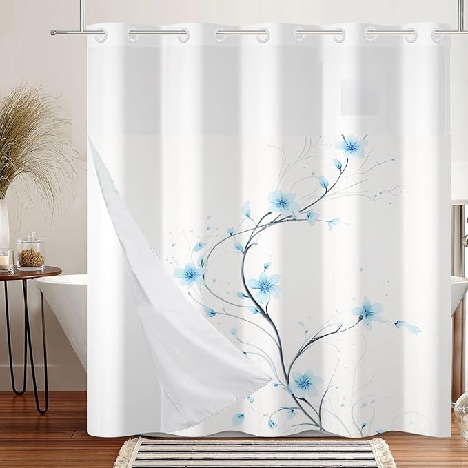 No Hook Shower Curtain with Snap in Liner Blue Watercolor Flowers Plant Shower Curtain with Liner for Bathroom Modern Hotel Fabric Washable 71x74 Inch