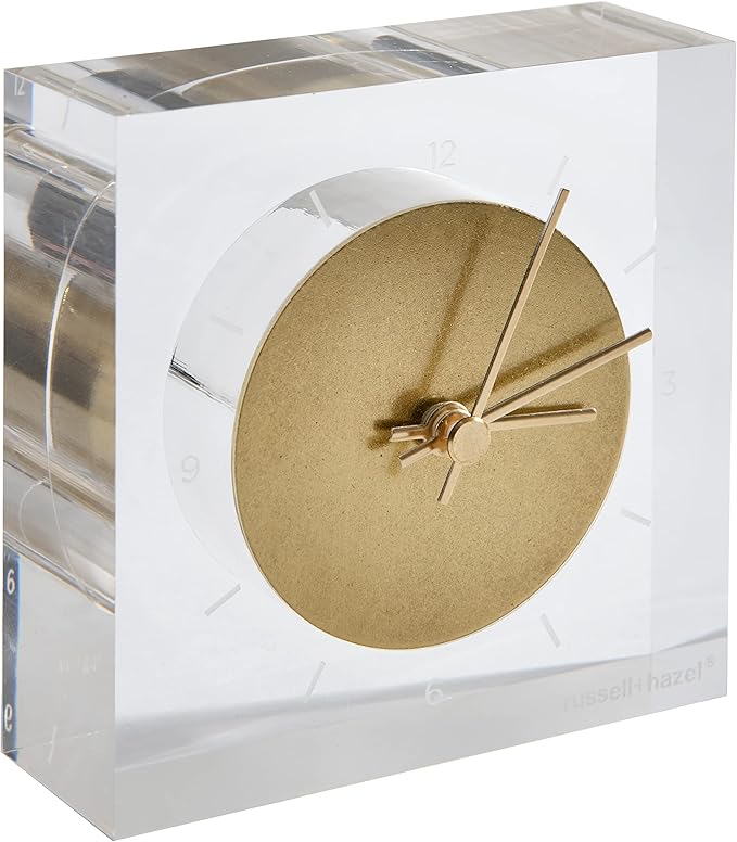 RUSSELL+HAZEL Acrylic and Gold Desk Clock, 4" W x 4" L x 1.25" D, Elegant Home Decor and Office Decor, Etched Face with Gold Toned Brass, Compact Shelf Decor for Upscale Spaces, 1-Count (105521)