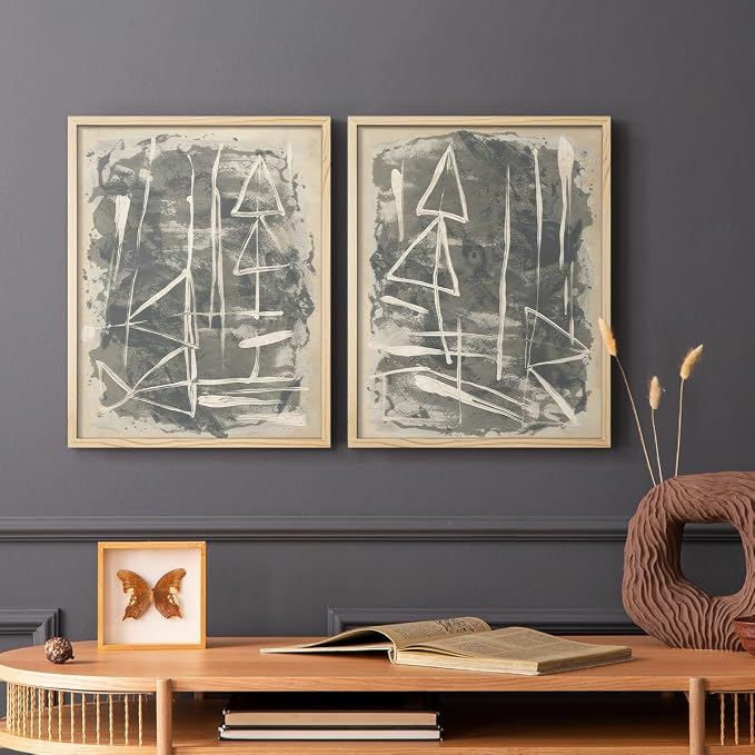 Renditions Gallery Set of 2 Peel & Stick Framed Prints, Trendy Abstract Wall Art, Textured Linework Striking Wall Decor, Re-Stickable - Ready to Hang - 11"x14" - NATURAL WOOD Frame LT588