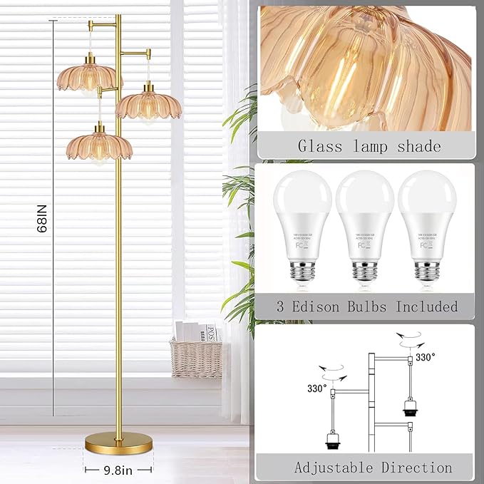 Vintage Floor Lamps for Living Room Bedroom-3 Light Glass Floor Lamp with Three Led Bulb, Flower Tall Floor Lamp Gold Mid Century Modern Standing Lamp Tree Floor Lamps for Living Room Bedroom Corner