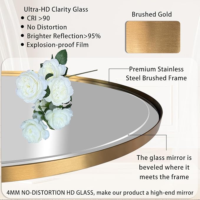 POZINO Brush Oval Vanity Mirror, 20"x28" Gold Mirror for Over Sink, Modern Rounded Mirrors with Stainless Steel Frame, Brass Beveled Mirrors for Bathroom Bedroom Living Room, Horizontal Or Vertical