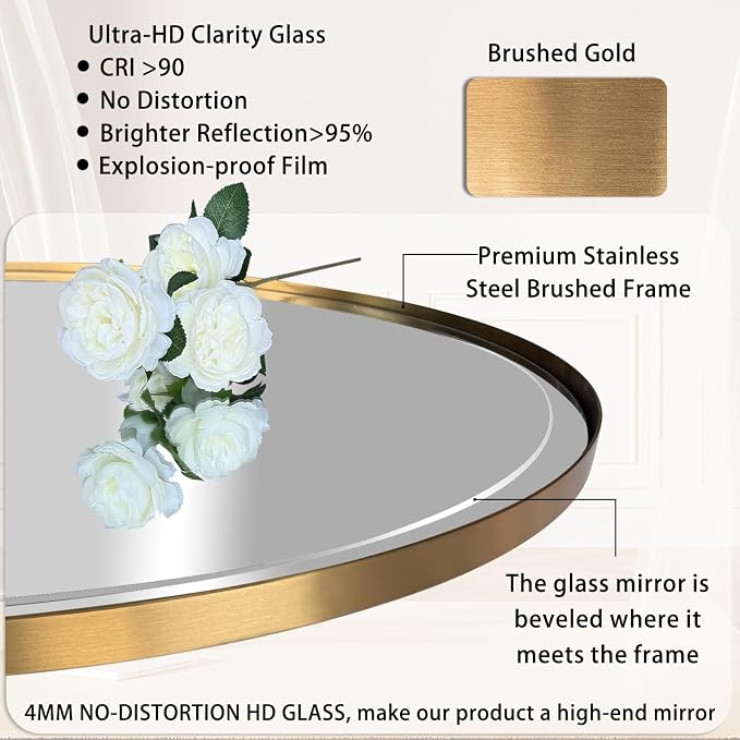 POZINO Oval Beveled Mirrors, 22"x30" Brush Gold Bathroom Vanity Mirror for Over Sink, Stainless Steel Frame Mirrors Modern Wall Mirror for Living Room Bedroom Entryway, Horizontal Or Vertical ﻿