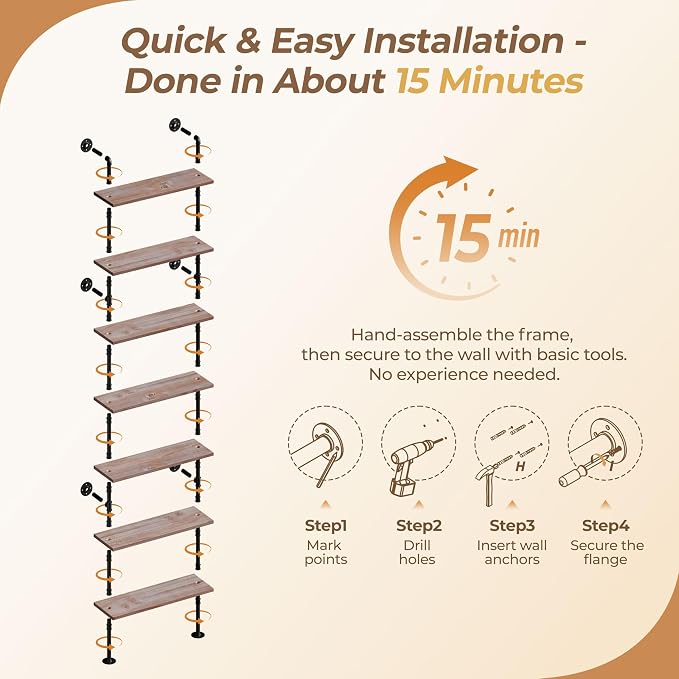 7 Tier Industrial Wall Mounted Ladder Shelf Bookcase, Rustic Wood Metal Pipe Industrial Shelves for Living Room Decor and Storage (Weathered Brown, 7 Tier - 10" D x 36" W x 95.5" H)