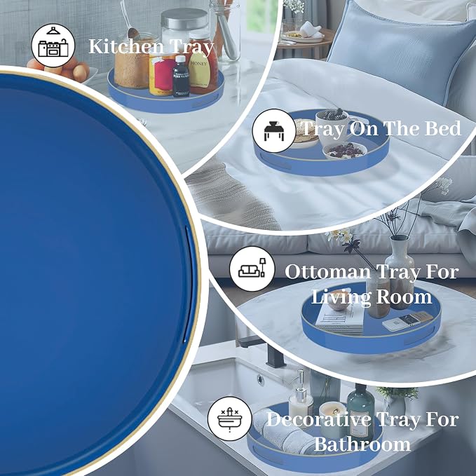 MAONAME 13" Blue Round Tray, Navy Serving Tray with Handles, Modern Decorative Trays for Coffee Table, Plastic Trays for Ottoman, Bathroom, Decor