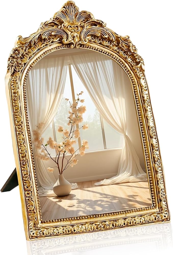 YUSONG Vintage Desk Mirror – 8" Gold Antique Tabletop Mirror with Resin Frame, Decorative Wall Art for Living Room Bedroom Vanity Desk Decor, Birthday Gift