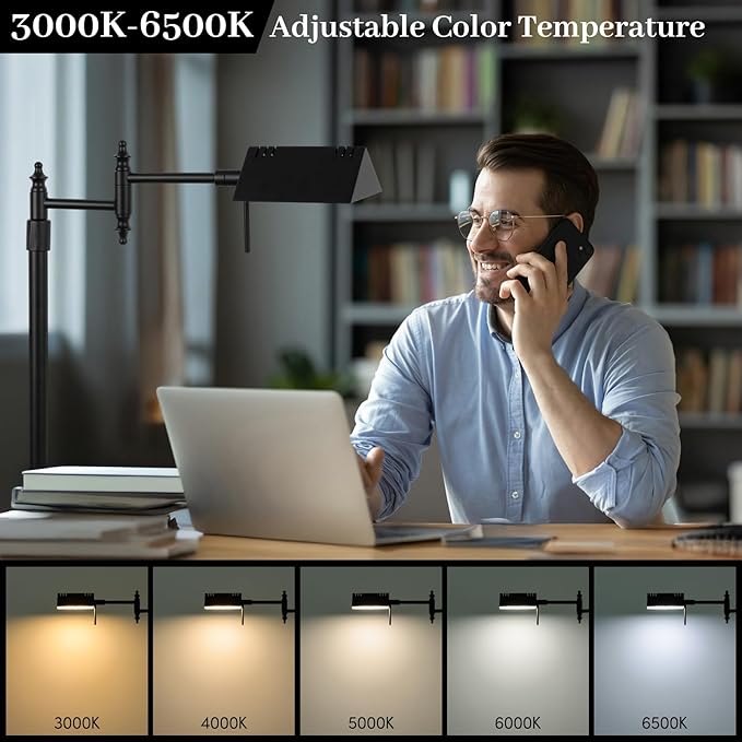 Dimmable Pharmacy Floor Lamp with Remote, 17W LED Reading Floor Lamp with 360°Swing Arm, 3 Color Temperature, Height Adjustable Black Standing Task Lamp for Living Room, Bedroom, Black